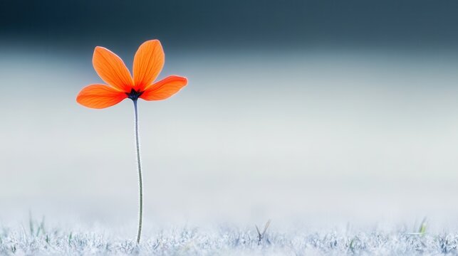 Solitary orange flower in misty field