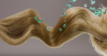 3d animation undulating movement of blonde hair and application of restoratives. These products, including special oils, balms, serums and masks, restore the structure, nourish and restore the hair.