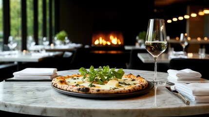 Elegant Dining with Pizza and Wine in Cozy Restaurant