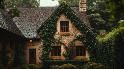 Charming stone country house with ivy-covered walls, raindrops on the window, cozy atmosphere, generative ai