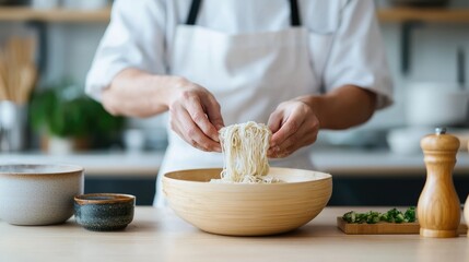 Chef Preparing Fresh Noodles in Modern Kitchen