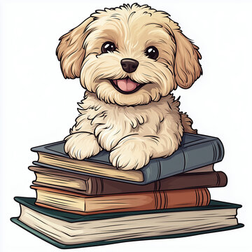 recommend clip art: Havanese puppy lying on a stack of books vector illustration