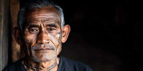 Obraz premium Elderly man with tattoos looking directly at the camera, showcasing wisdom and experience.