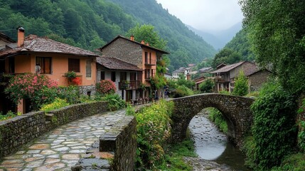 Stone Bridge Village Nestled In Lush Green Mountains