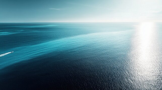A boat moves smoothly through the serene blue waters of the ocean, reflecting sunlight while surrounded by an endless horizon. Generative AI