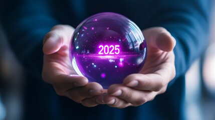 Holding Glowing Orb Displaying 2025 - Crystal ball, glowing orb, future, prediction, 2025 vision, symbolizing innovation, technology, and anticipation for the new year.