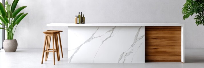 Modern White Marble Kitchen Island - Elegant kitchen design, marble countertop, wood accents, minimalist style, clean lines.  Symbolizes luxury, sophistication, modern living, functionality, and seren