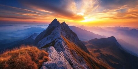 Obraz premium Golden sunlight spills over majestic mountains, casting stunning shadows across valleys as the day begins, creating a breathtaking natural panorama. Generative AI