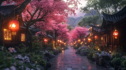 Fototapeta premium Serene Cherry Blossom Lane Illuminates Asian Village