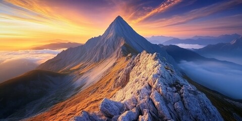 Obraz premium A stunning mountain peak towers above the clouds as the sun sets, casting vibrant colors across the sky and illuminating the rocky landscape. Generative AI