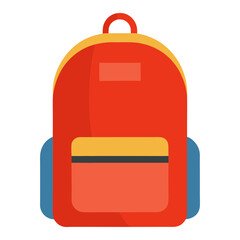 bright red and yellow backpack vector, a colorful vector illustration of a red, yellow, and blue backpack with a front pocket, isolated on a white background.
