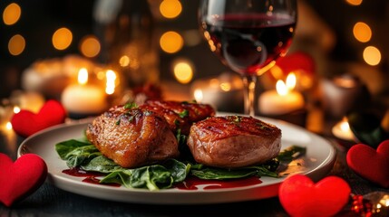Romantic valentine's day dining experience with roasted duck leg confit and red wine jus in cozy atmosphere