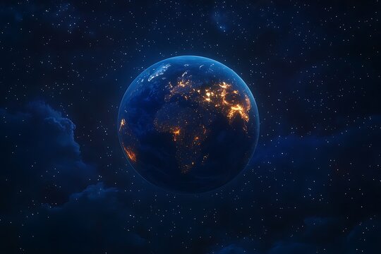 Earth at Night in Space City Lights and Stars