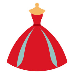 red ball gown with blue accents vector, vector illustration of an elegant red ball gown featuring light blue accent panels and a fitted bodice, designed in a flat style.
