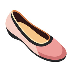 pink ballet flat shoe with black sole vector, vector illustration of a pink ballet flat shoe featuring a rounded toe, black sole, beige insole, and black trim, designed in a flat style.
