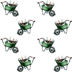 Gardening tools in multiple green wheelbarrows arranged in a repeating pattern