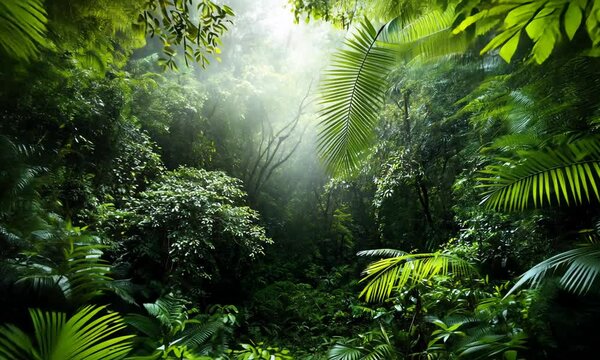 Lush green rainforest with sunlight streaming through the canopy.