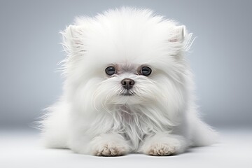 Obraz premium A stunning white Pomeranian dog with fluffy fur, posing adorably against a soft gray background.