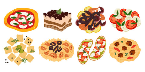 Set of Italian cuisine illustrations. Cute vector retro stickers of traditional products and dishes, caprese, seafood risotto, ravioli, margherita pizza, tiramisu. Italian food set