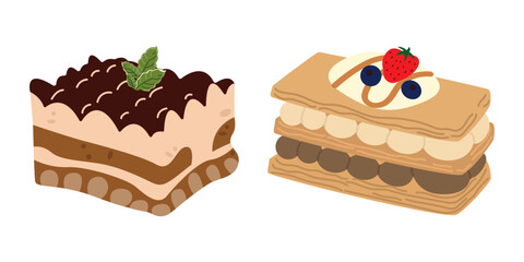 Popular desserts of the world. Italian tiramisu dessert. French dessert millefeuille. Retro vector stickers for bakery and coffee shops