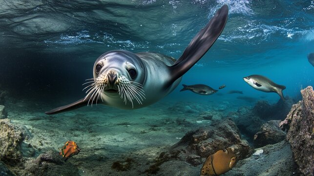 A playful seal swimming underwater with vibrant tropical fish and rocky seabed visible.