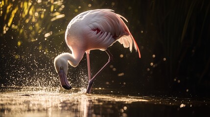A flamingo feeding in a shimmering pond, lit by golden sunlight and surrounded by lush greenery.