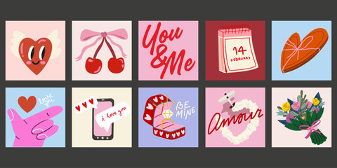 Vector posters for St. Valentine's Day in retro cute style. Set of romantic elements for Valentines day, hearts, a bouquet, gift elements, gold wedding ring, chocolates