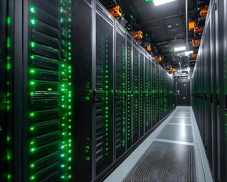 Data center server room with glowing lights. (3)