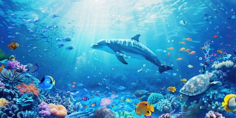 Fototapeta premium Vibrant marine life at a coral reef. Variety of colorful fish swimming in clear blue water.