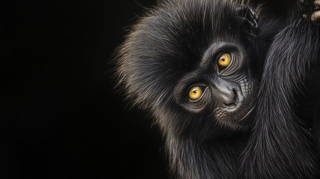 Close-up of a baby monkey with golden eyes, clinging to a branch against a dark background.