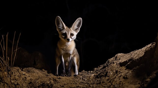A fennec fox with large ears stands in a desert burrow, illuminated against a dark background.