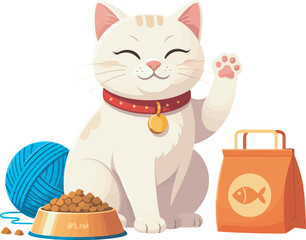 a cat with a red collar and a bag of cat food.