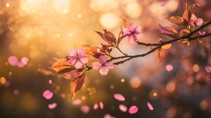 Cherry blossom branch in full bloom, pink petals falling, springtime atmosphere generative ai