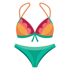 vibrant bikini illustration with scalloped design, stylish vector illustration of a bikini featuring orange, red, and teal colors with scalloped detailing and halter straps.
