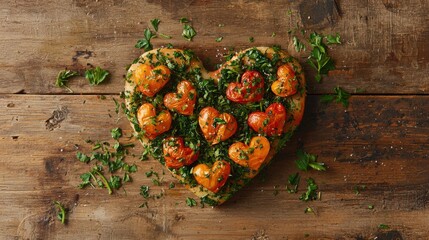 Vegetable heart on a kraft wood background. Heart shape in fresh vegetable . Valentine in eco-friendly vegan style. Valentine's Day concept, copy space. I love vegetables