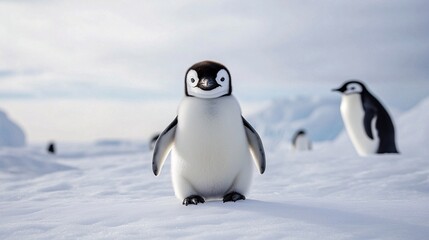 Obraz premium Adorable penguin chick standing confidently on snowy terrain, surrounded by other penguins in the distance.
