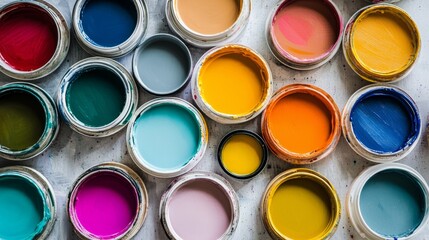 Colorful paint cans arranged artistically