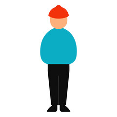 worker icon in flat minimalist design, flat vector illustration of a person wearing a red hard hat, teal shirt, and black pants, ideal for labor or safety themes.
