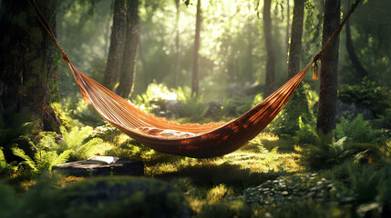 Swinging hammock in the forest. generative ai. Bracken. Illustration