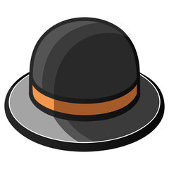black bowler hat with orange band, vector illustration of a black bowler hat featuring an orange band and a sleek glossy finish, ideal for vintage and formal fashion themes.
