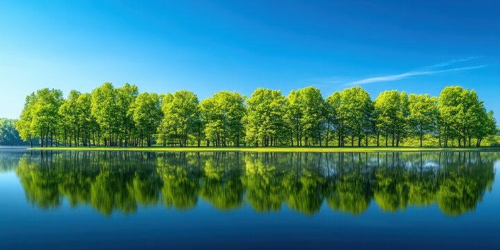 Vibrant green trees line the calm water, creating a perfect mirror image on the surface. The clear blue sky enhances the tranquil ambiance of this nature scene. Generative AI