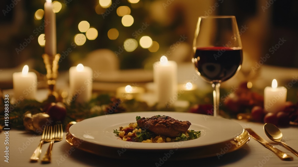 Poster luxurious dining table featuring gourmet dish and elegant candlelight setting for an intimate evenin