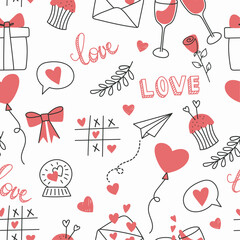 Vector seamless pattern with hearts, bow, flowers, gift, letter, glasses. Romantic background for Valentine's Day