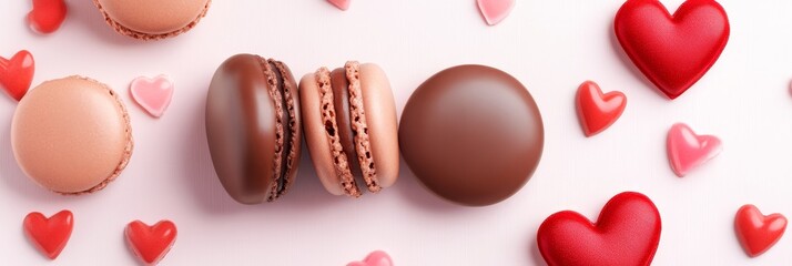 Day Treats: Sweet Chocolate Macarons and Hearts - Delicious chocolate macarons and candy hearts, perfect for Valentine's Day or any sweet treat.  Symbols of love, romance, sweetness, celebration, and 