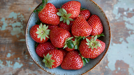 Fresh strawberries in a bowl on a rustic wooden table, captured from above. 