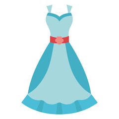 Blue Dress with Red Floral Belt, Vector illustration of a light blue dress with straps, flared skirt, and a red floral belt, perfect for fashion visuals.
