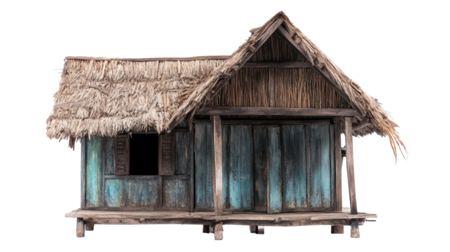 Traditional wooden house with thatched roof. transparent background