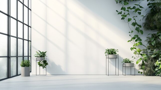 Modern minimalist greenhouse with minimal furniture. Featuring a clean, open design with contemporary lines