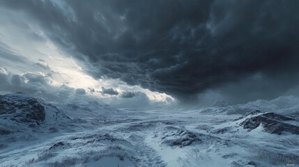 A stunning view of a winter storm approaching over a snowy landscape, with dark clouds contrasting against the white ground.