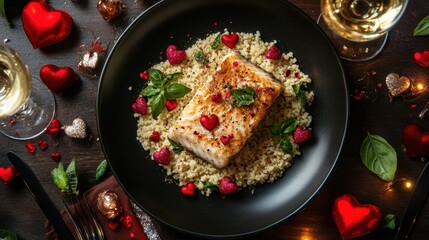 Romantic valentine's day dining experience with grilled seabass in a cozy restaurant setting